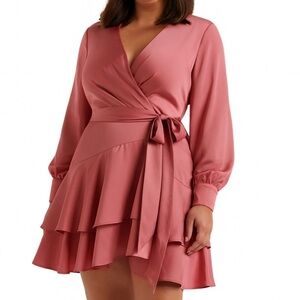 Rose Satin Mini Wrap Dress Ruffles Ever New Melbourne Long Sleeve Emerson NWT